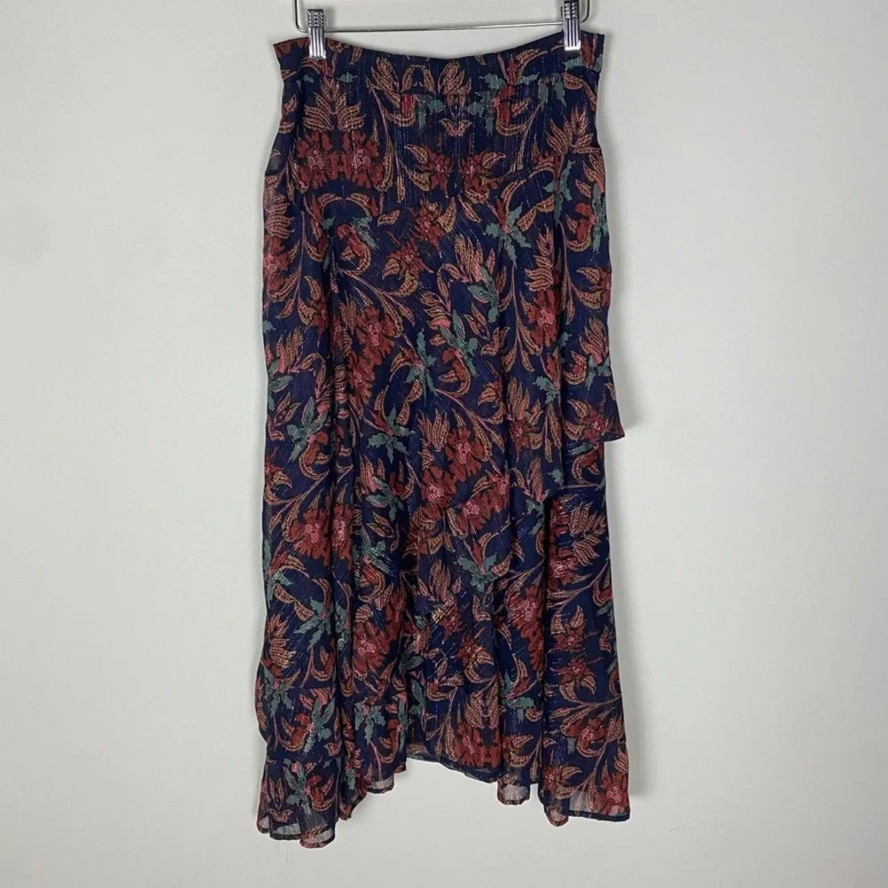 Soft Surroundings Floral Midi Skirt Metallic‎ Ruffle Tiered Small Boho